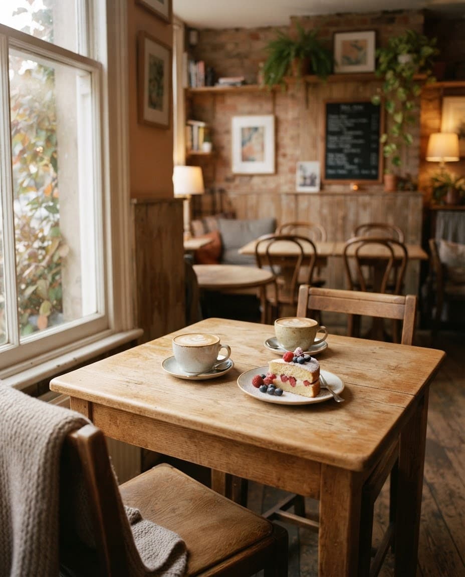 Ein gedeckter Holztisch mit zwei Tassen Kaffee und Kuchen am Fenster